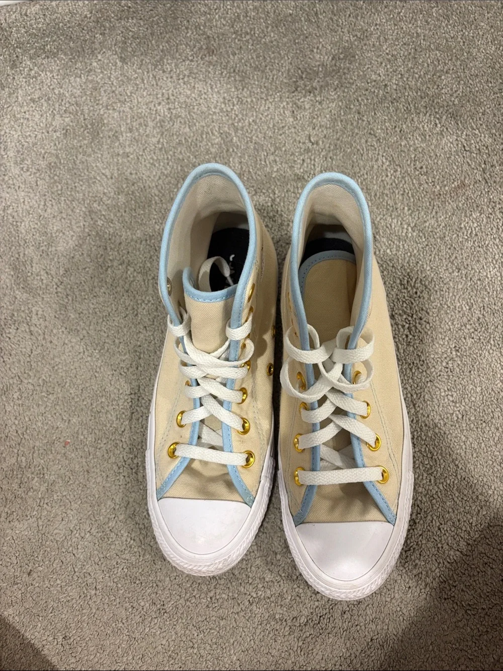 Converse Cream High-Top Sneakers with Light Blue Trim and Gold hardware (no box)